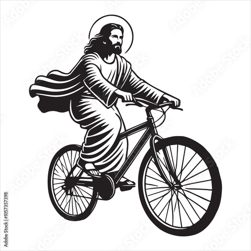 Jesus Christ Riding A Bicycle Clipart Design - Funny Jesus Christ Vector illustration in black and white

