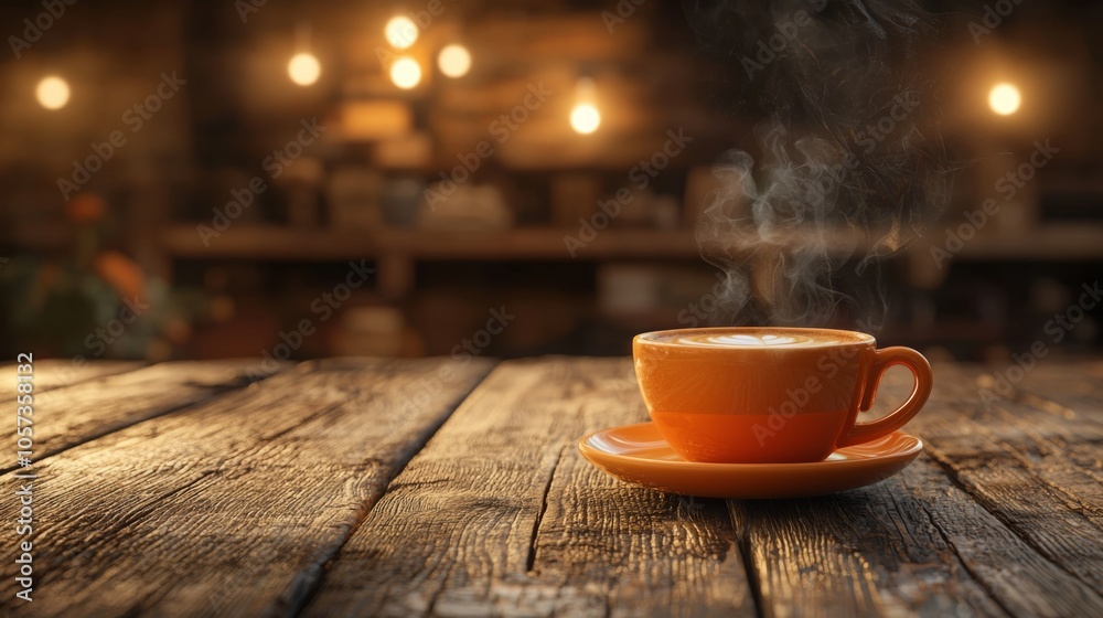 Steaming Hot Coffee Cup on Rustic Wooden Table Steaming Hot Coffee Cup on Rustic Wooden Table