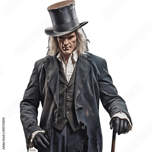 A mysterious man in a black top hat and tattered coat evoking a dark and eerie atmosphere for Halloween  