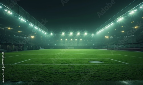 soccer stadium illuminated by spotlights and empty green grass playground, big stadium