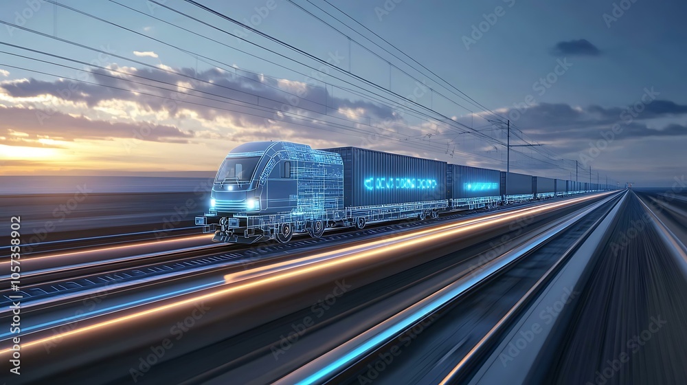 Naklejka premium Smart freight train equipped with advanced cargo technology traveling along a track, powered by sustainable energy sources