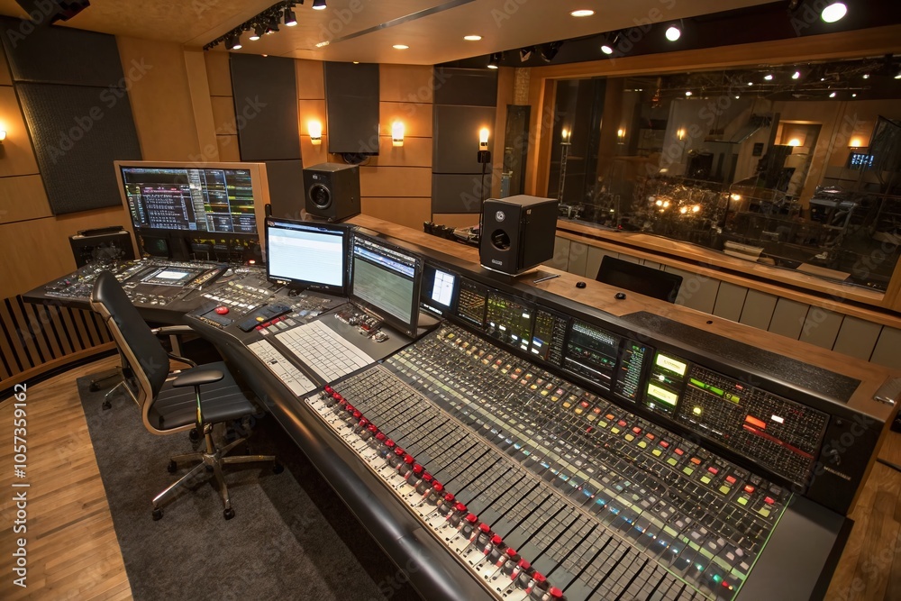 Aerial View of an Audio Studio with Sound Mixer and Equalizer Board Controls for Music Production Aerial View of an Audio Studio with Sound Mixer and Equalizer Board Controls for Music Production
