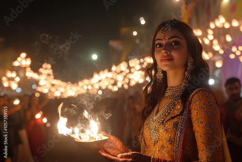 Beautiful indian woman celebrating diwali holding a burning aarti thali photo