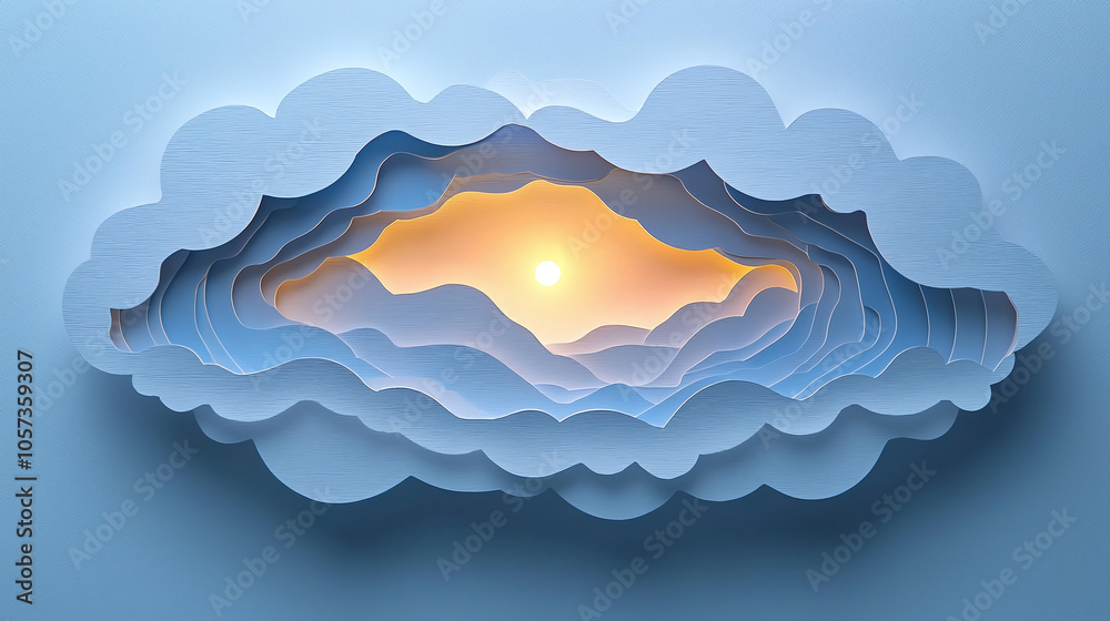 Artistic Paper Cutout Depicting a Serene Sunset Emerging From Layered Clouds Artistic Paper Cutout Depicting a Serene Sunset Emerging From Layered Clouds