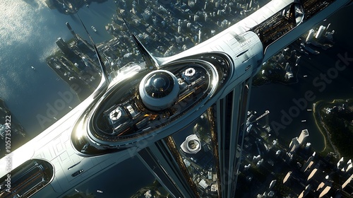 Futuristic space elevator connecting Earth to a space station with sleek passenger cabins, providing new means of vertical travel into space photo