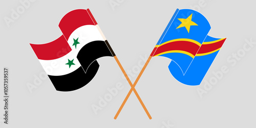 Crossed and waving flags of Syria and Democratic Republic of the Congo. Vector illustration