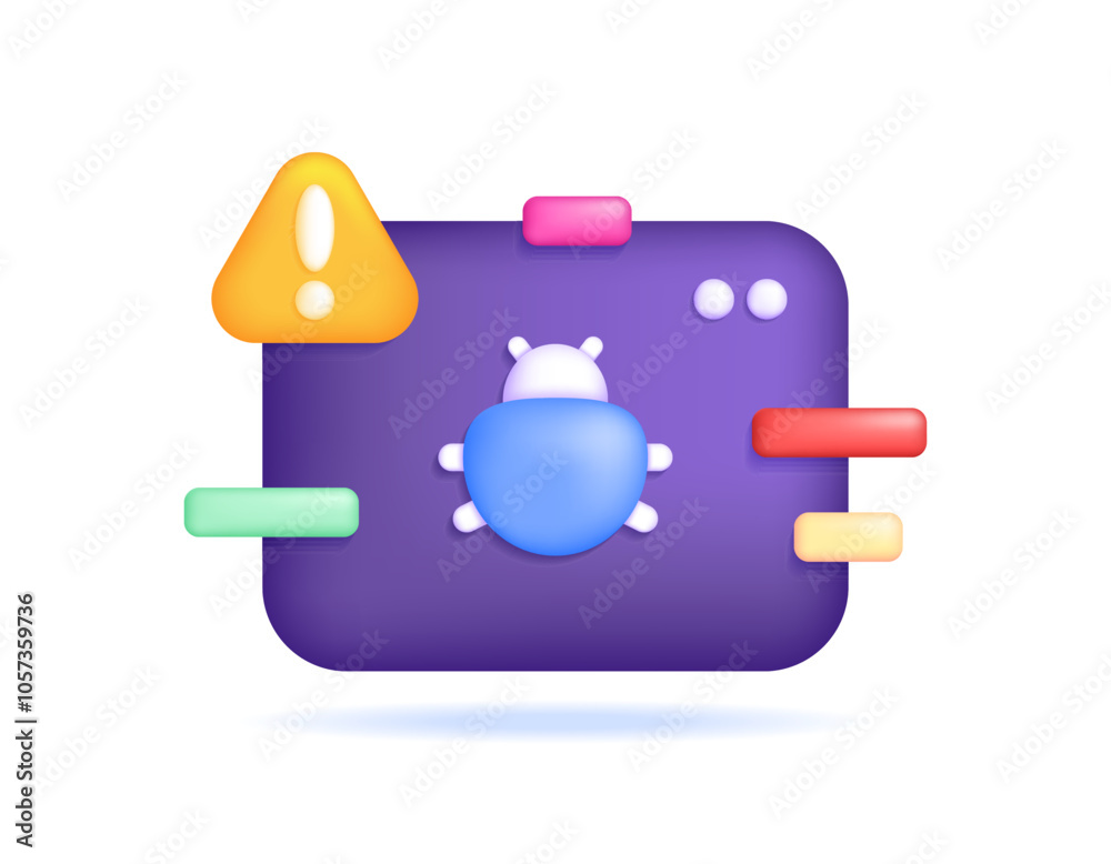 bug and glitch concept. notification if the system experiences bugs and errors. fix bugs. illustration of a window with insect symbols and warning signs. icon or symbol. minimalist 3d style design bug and glitch concept. notification if the system experiences bugs and errors. fix bugs. illustration of a window with insect symbols and warning signs. icon or symbol. minimalist 3d style design