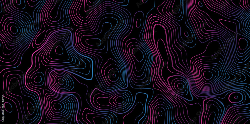 Fototapeta premium Abstract gradient multicolor on black background with Topographic line map pattern, Topographic map lines, contour background, wavy and curved lines background, Geographic map. 