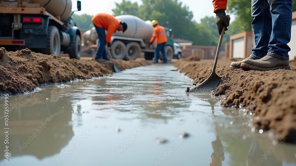 Naklejka premium Workers pouring concrete for the foundation of a new home, with cement trucks and equipment visible