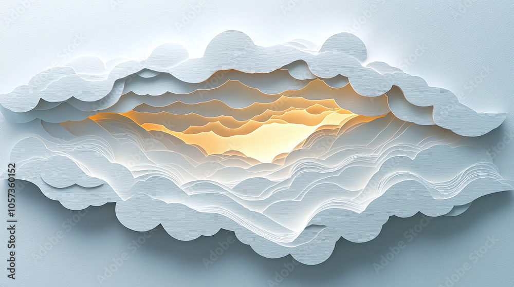 Captivating Layers of White Paper Craft Reveal a Warm Glowing Light Evoking a Serene Cloudscape Captivating Layers of White Paper Craft Reveal a Warm Glowing Light Evoking a Serene Cloudscape