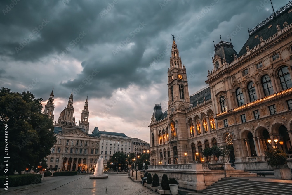 Fototapeta premium Architectural Monuments of Vienna in Cloudy Evening with Bokeh Effect, Capturing European Culture and Historical