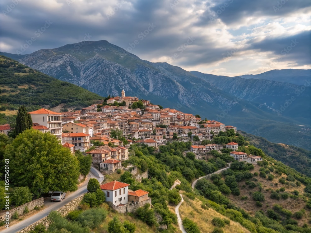 Fototapeta premium Arachova Village Panoramic Fashion Photography in Boiotia, Greece, at Parnassus Mountain - Stunning Drone View for