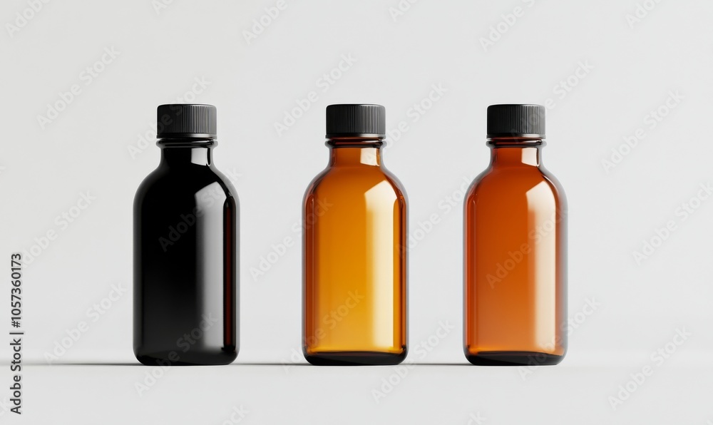A mockup featuring black, white, and amber bottles isolated on a white background. Suitable for various purposes such as medical, cosmetic, and food packaging. Rendered in vector A mockup featuring black, white, and amber bottles isolated on a white background. Suitable for various purposes such as medical, cosmetic, and food packaging. Rendered in vector