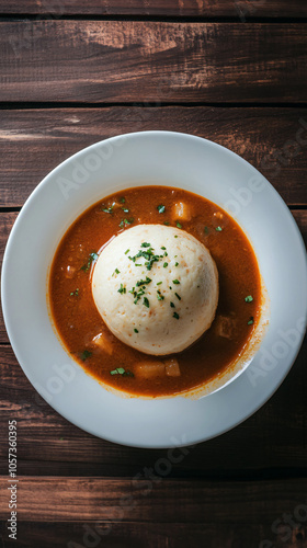 Rustic wooden table set with a steaming bowl of beef goulash soup, bread dumpling, and fresh herb seasoning on a white plate