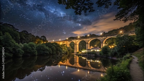 Barden Bridge at Night: Captivating Night Photography of a Scenic Landscape with Stars and Reflections photo