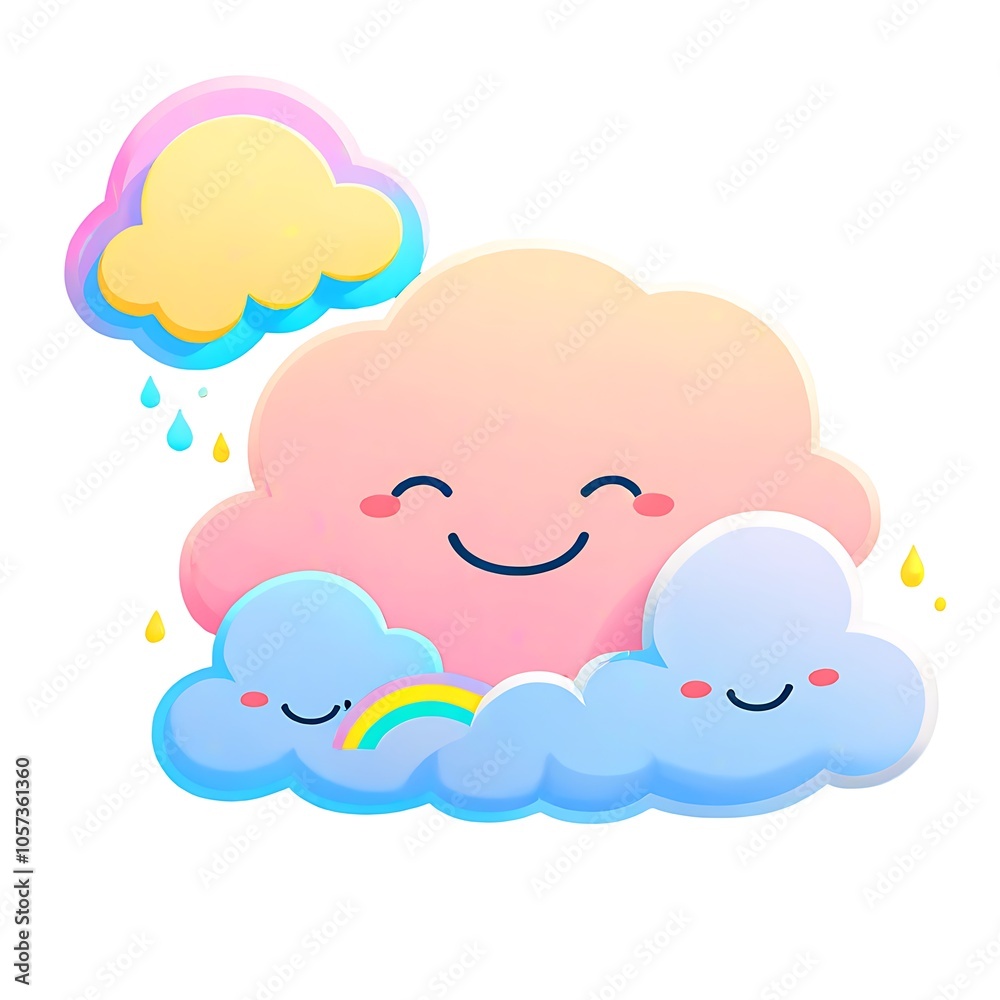 A smiling pink cloud with a rainbow and raindrops, surrounded by smaller clouds. A smiling pink cloud with a rainbow and raindrops, surrounded by smaller clouds.