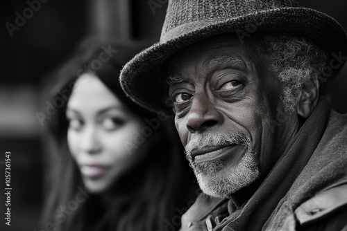 Senior black man wearing hat posing with blurred woman in background