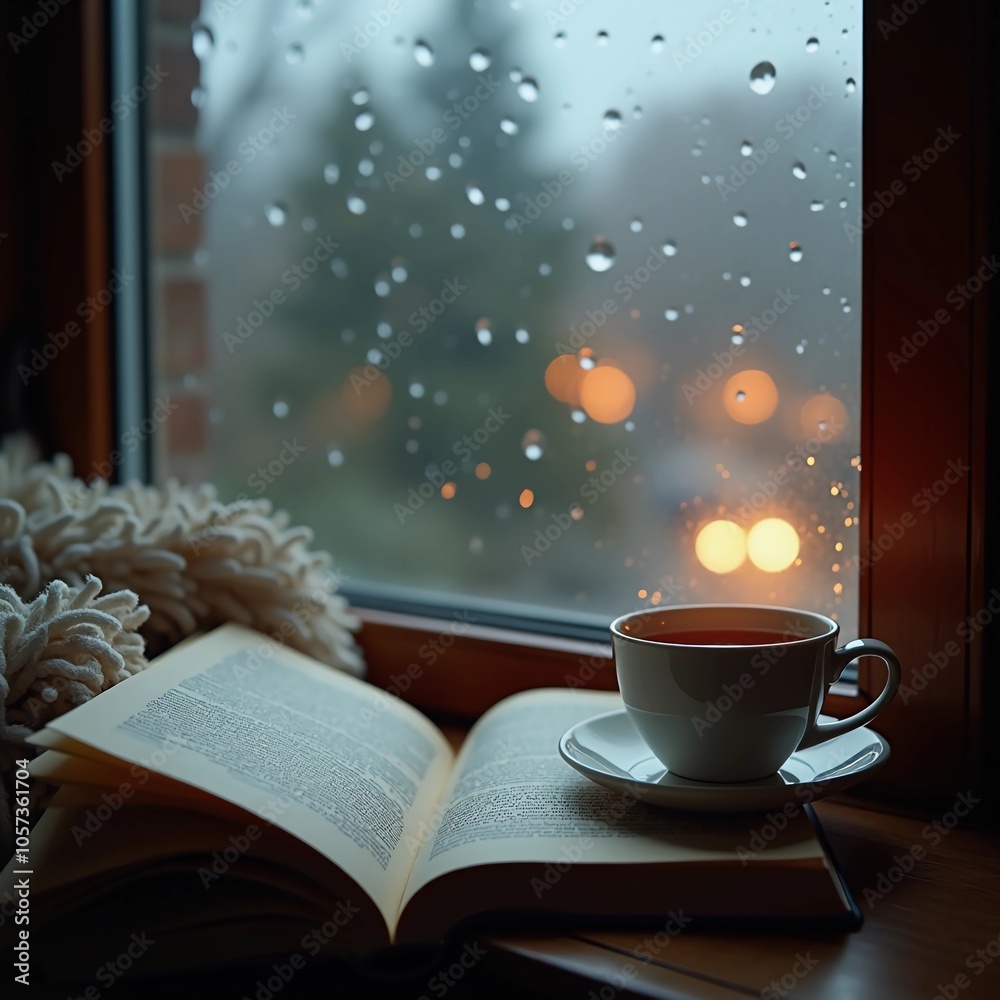 Obraz premium An open book and a steaming cup of tea on a windowsill, with rain trickling down the glass