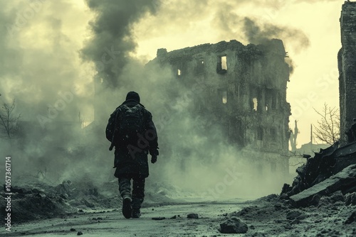 Post apocalyptic survivor walking through destroyed city in winter