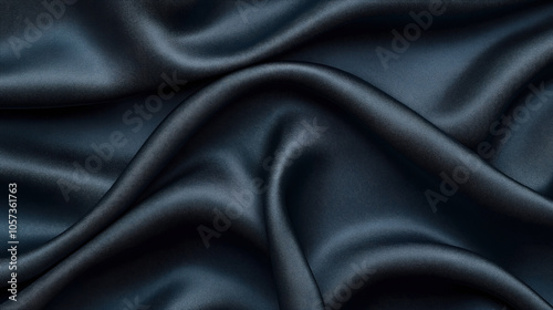 Close-up of dark blue silk fabric with smooth texture and elegant folds, creating a luxurious and soft appearance in gentle light.