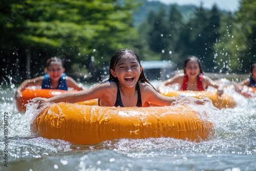 Happy children tubing down river on sunny summer day