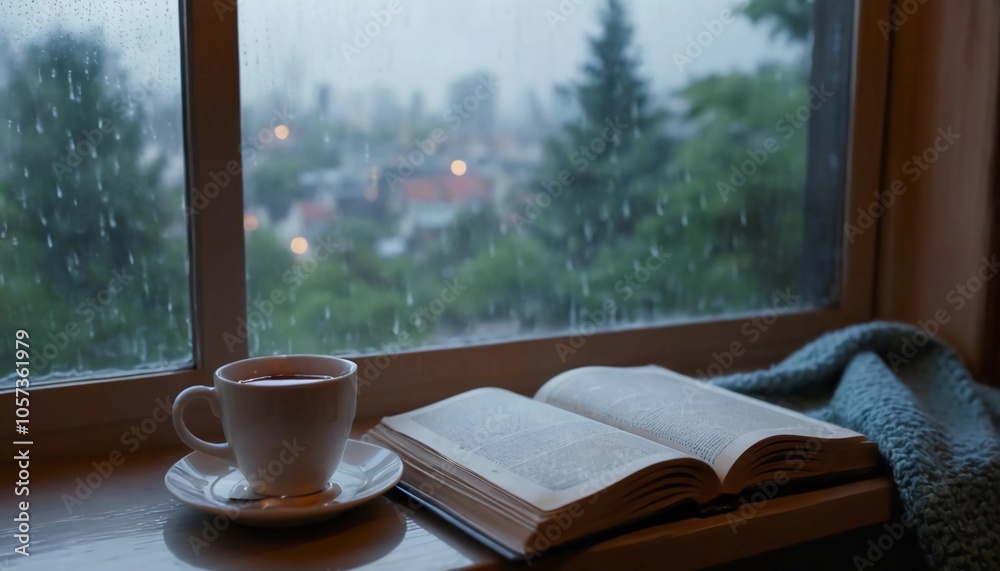 An open book and a steaming cup of tea on a windowsill, with rain trickling down the glass An open book and a steaming cup of tea on a windowsill, with rain trickling down the glass