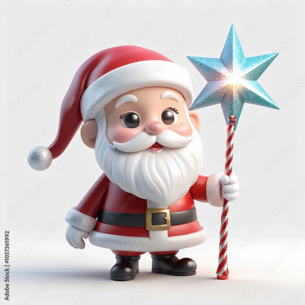 3D cute kawaii Santa Claus with a magic Christmas sparkle wand, isolated on a white background 3D cute kawaii Santa Claus with a magic Christmas sparkle wand, isolated on a white background