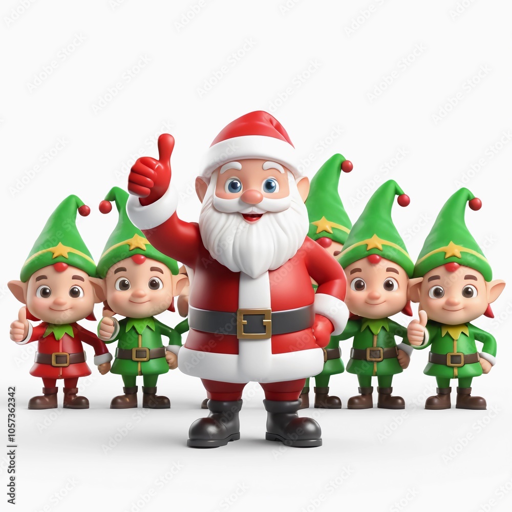 3D cute kawaii Santa Claus giving a thumbs up with elves around him, isolated on a white background 3D cute kawaii Santa Claus giving a thumbs up with elves around him, isolated on a white background
