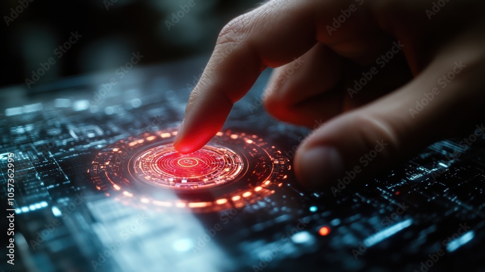 Finger pressing glowing button on futuristic digital control interface, advanced technology interaction, high-tech system, digital innovation, touch control, cyber interface, artificial intelligence Finger pressing glowing button on futuristic digital control interface, advanced technology interaction, high-tech system, digital innovation, touch control, cyber interface, artificial intelligence