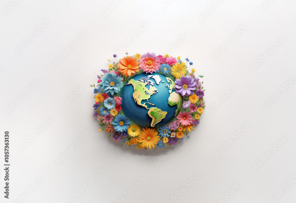 A blue and green globe surrounded by a ring of colorful paper flowers. A blue and green globe surrounded by a ring of colorful paper flowers.