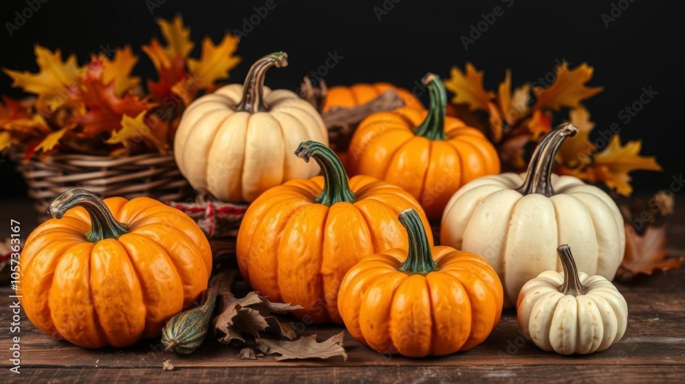 Small pumpkins arranged neatly on a rustic wooden table against a dark black background, natural, agriculture Small pumpkins arranged neatly on a rustic wooden table against a dark black background, natural, agriculture