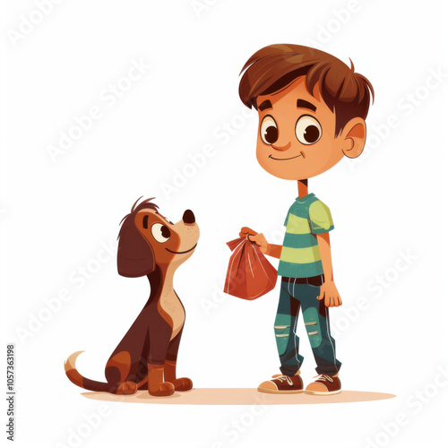 Puppy and his owner. Boy with small poop bag. Concept for Clean up after your dog. Modern illustration. White background.