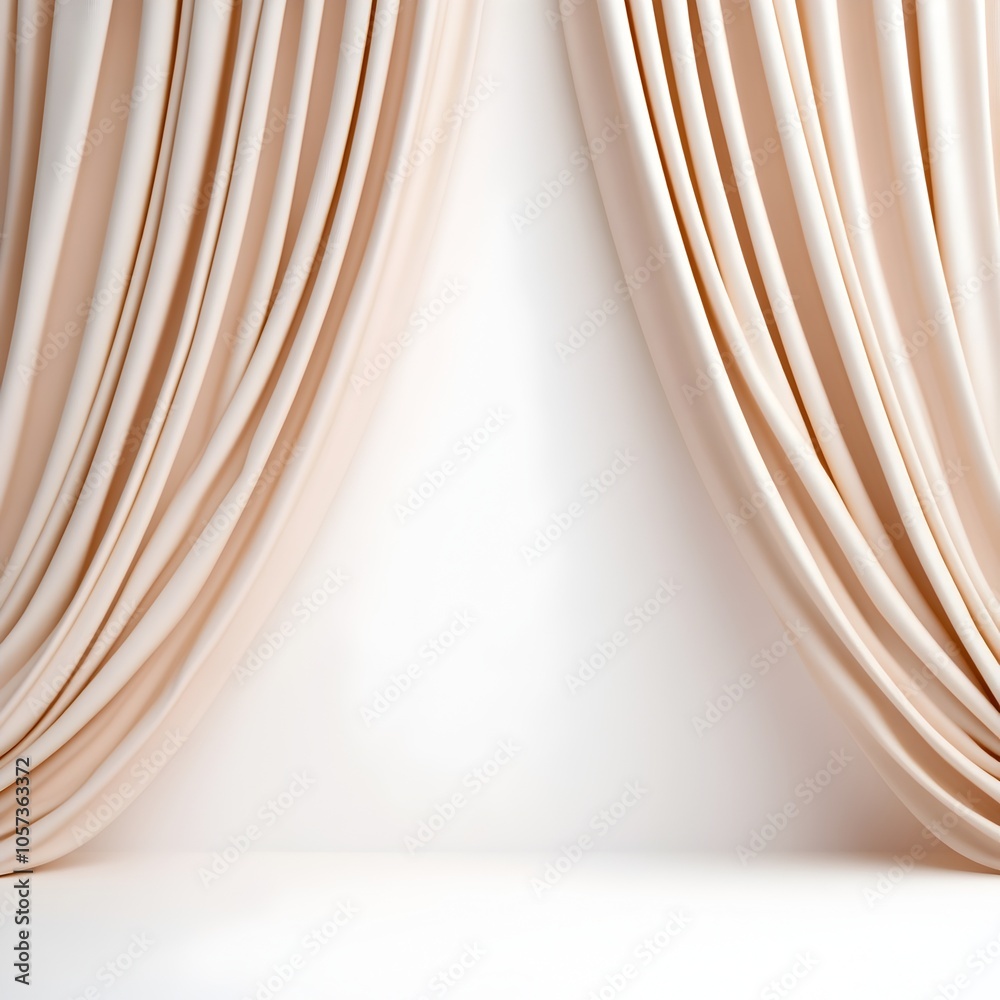 Exquisite Beige Curtain Drapery with Elegant Folds on White Background Exquisite Beige Curtain Drapery with Elegant Folds on White Background