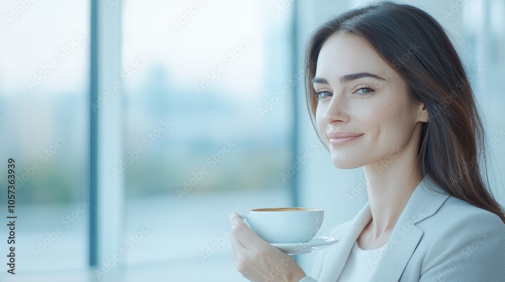 Confident businesswoman enjoying a relaxing moment with a cup of coffee in a bright office setting Confident businesswoman enjoying a relaxing moment with a cup of coffee in a bright office setting