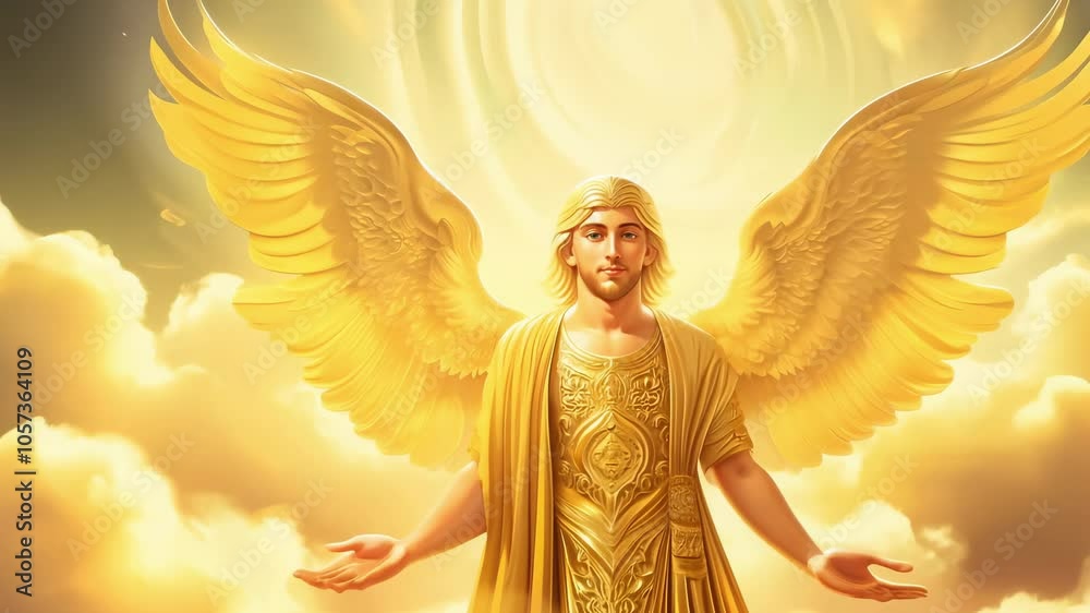 Golden-winged angel standing in radiant light, surrounded by swirling clouds, and soft atmospheric glow.