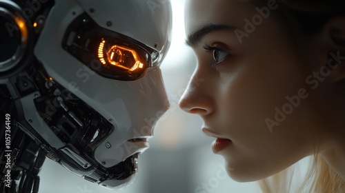 Close-up of a woman facing a humanoid robot, human vs AI, artificial intelligence interaction, futuristic technology, human-robot connection, digital future, technology advancement