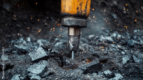 Close-up of a drill bit boring into the earth as part of a coal mining operation, with pieces photo