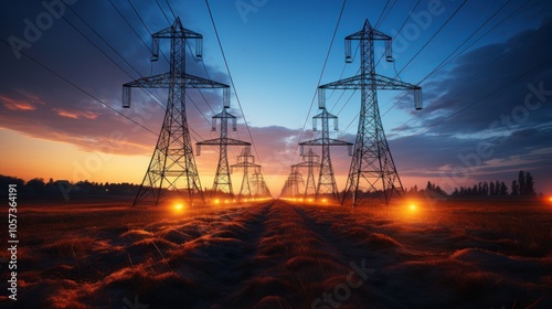 Power lines silhouetted against a vibrant sunset, illuminating the landscape.