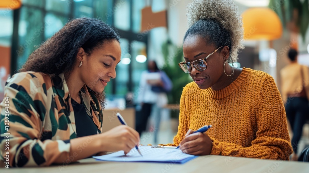 Close-up of an election volunteer assisting a Black woman with filling out voter registration Close-up of an election volunteer assisting a Black woman with filling out voter registration