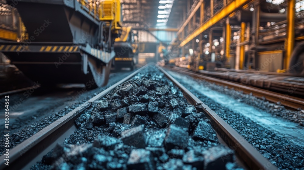 Close-up of coal chunks being fed into a crusher at a processing plant, with machinery and Close-up of coal chunks being fed into a crusher at a processing plant, with machinery and