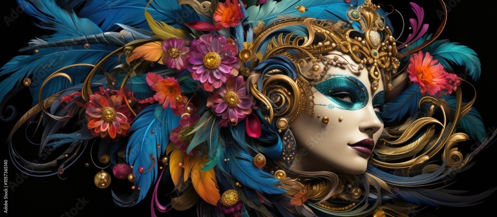 A vibrant, ornate mask adorned with flowers and feathers, symbolizing beauty and festivity. A vibrant, ornate mask adorned with flowers and feathers, symbolizing beauty and festivity.