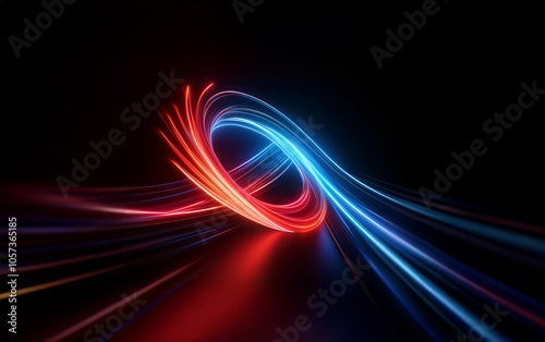 Two neon rings of red and blue light spin and twist on a dark background, creating streaks of light across the surface.