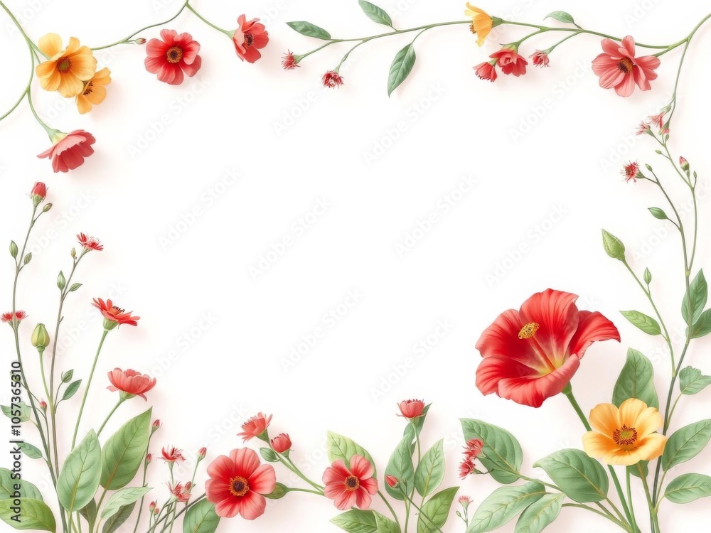 Summer mockup beige frame with red flower on top left corner surrounded by white space, background, blank Summer mockup beige frame with red flower on top left corner surrounded by white space, background, blank