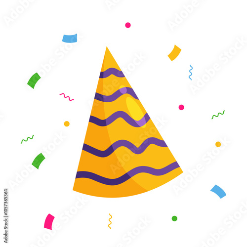 Party hat illustration for holiday celebration, birthday celebration, anniversary party with colorful confetti sparkle. Isolated on white background.
