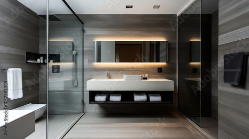 Wallpaper Mural Modern bathroom with sleek design featuring a glass-enclosed shower, wall-mounted vanity with backlit mirror, and neatly stacked towels on wooden shelves against a gray wooden wall. Torontodigital.ca