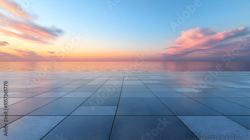 Blue Tiles and Sea Under Pink Clouds at Sunset - 3D Illustration