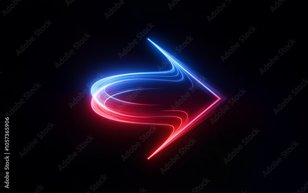 A red and blue neon arrow points to the right on a black background. The arrow appears to be moving fast and has a dynamic, swirling shape. A red and blue neon arrow points to the right on a black background. The arrow appears to be moving fast and has a dynamic, swirling shape.