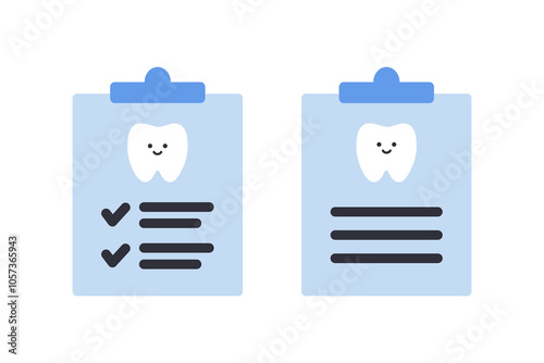 Dental clipboard report icon. Healthcare, medicine, treatment, hygiene, oral care, checklist concepts. Flat cartoon vector design isolated illustration.