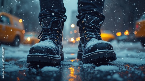 Close-up of snowy boots on winter city street, urban winter footwear, snowflakes falling, cold weather, rugged boots, street scene, winter fashion, outdoors, snowy background, nighttime photo