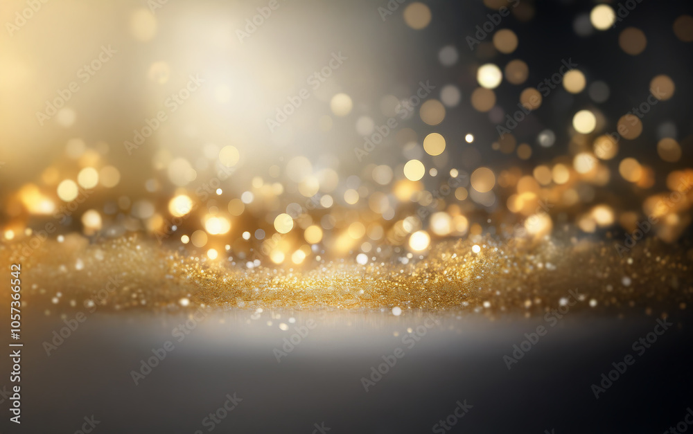 Golden bokeh lights sparkle on a dark background. Golden bokeh lights sparkle on a dark background.